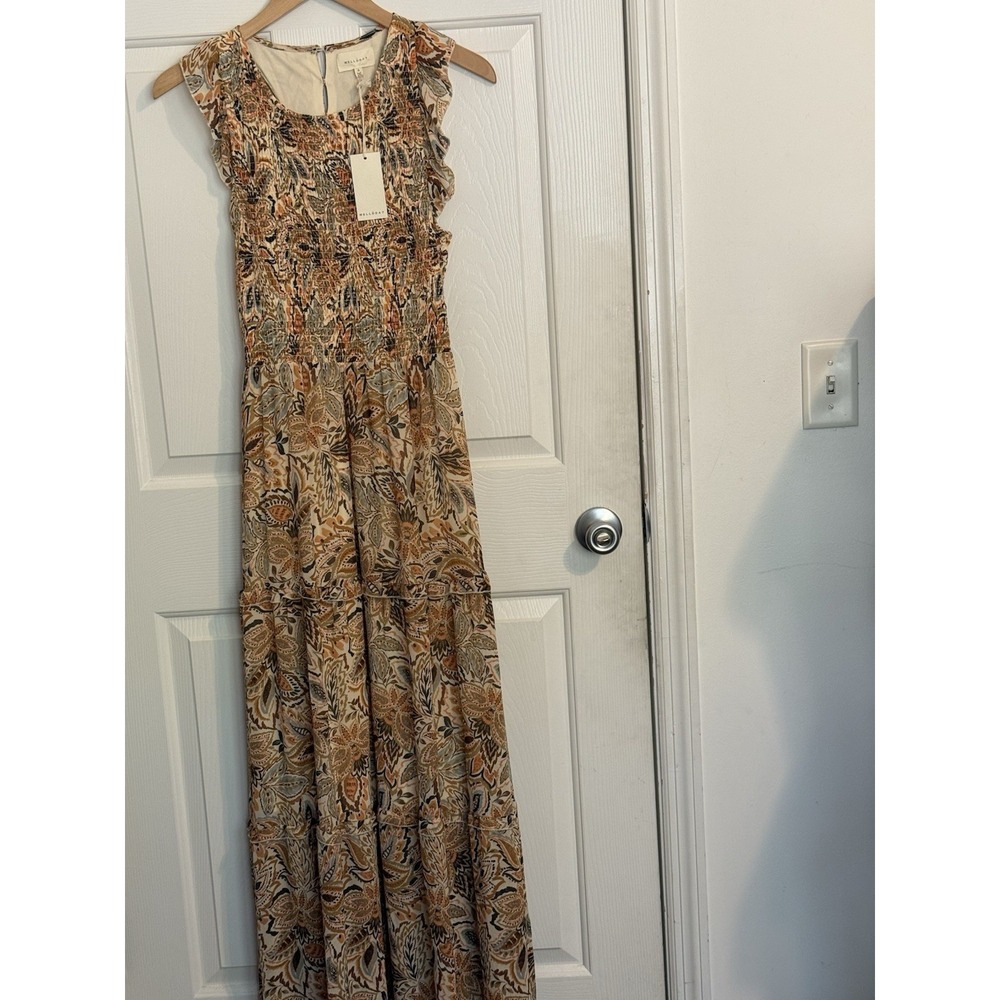 NWT Melloday Boho Paisley Maxi Dress Size S Smocked Ruffle Sleeve Beige Brown